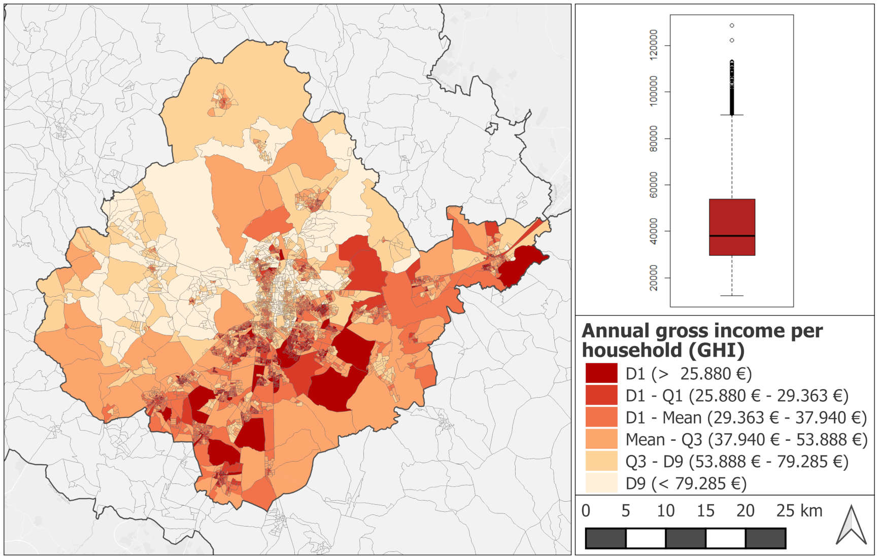 average income per censis tract, Madrid 2015-18